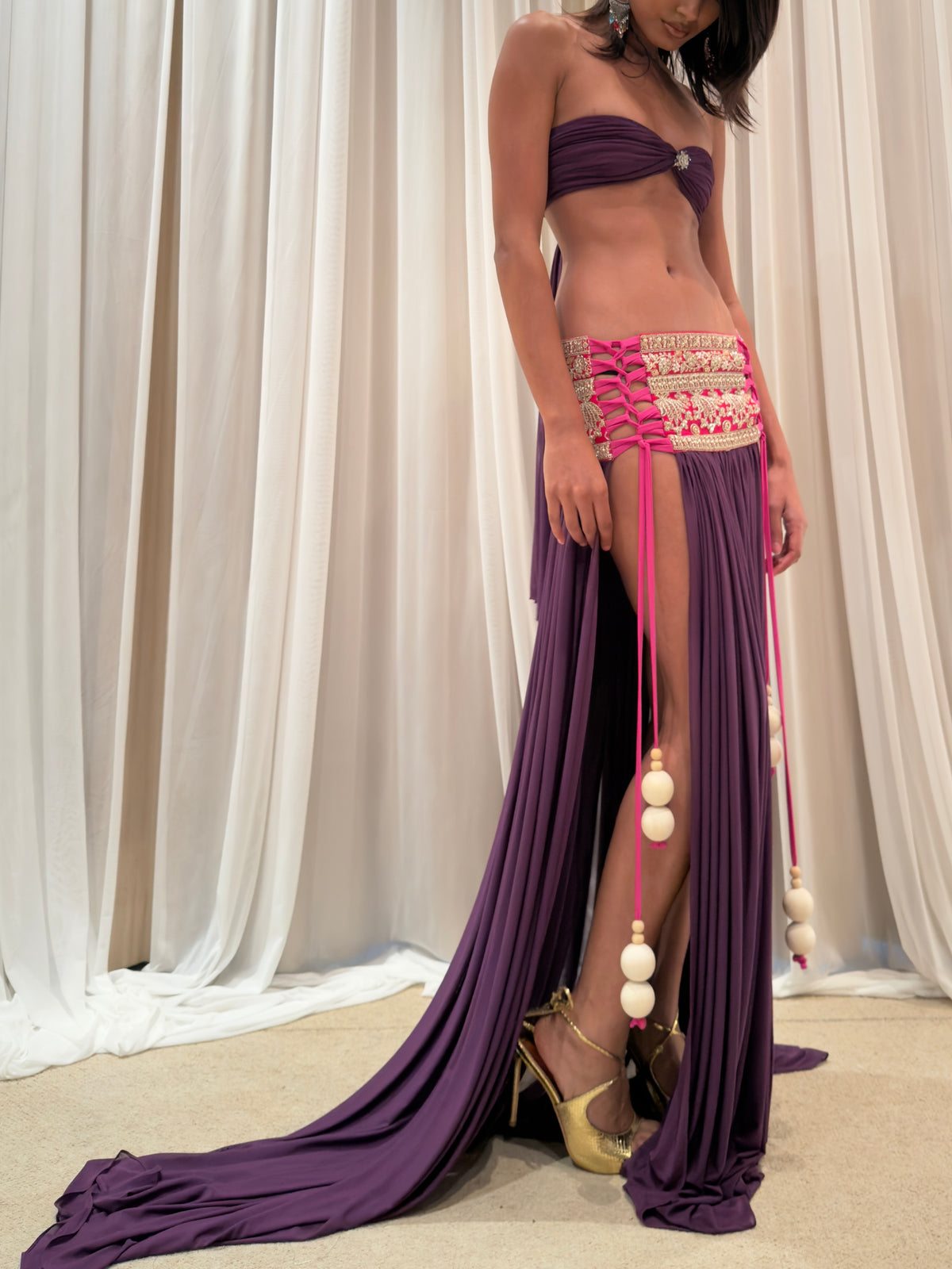 ROHMANE Embroidered Bandeau & Maxi Skirt Set in Plum, view 3 of 10