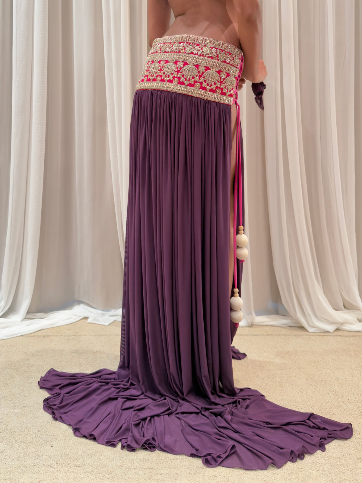 ROHMANE Embroidered Bandeau & Maxi Skirt Set in Plum, view 4 of 10