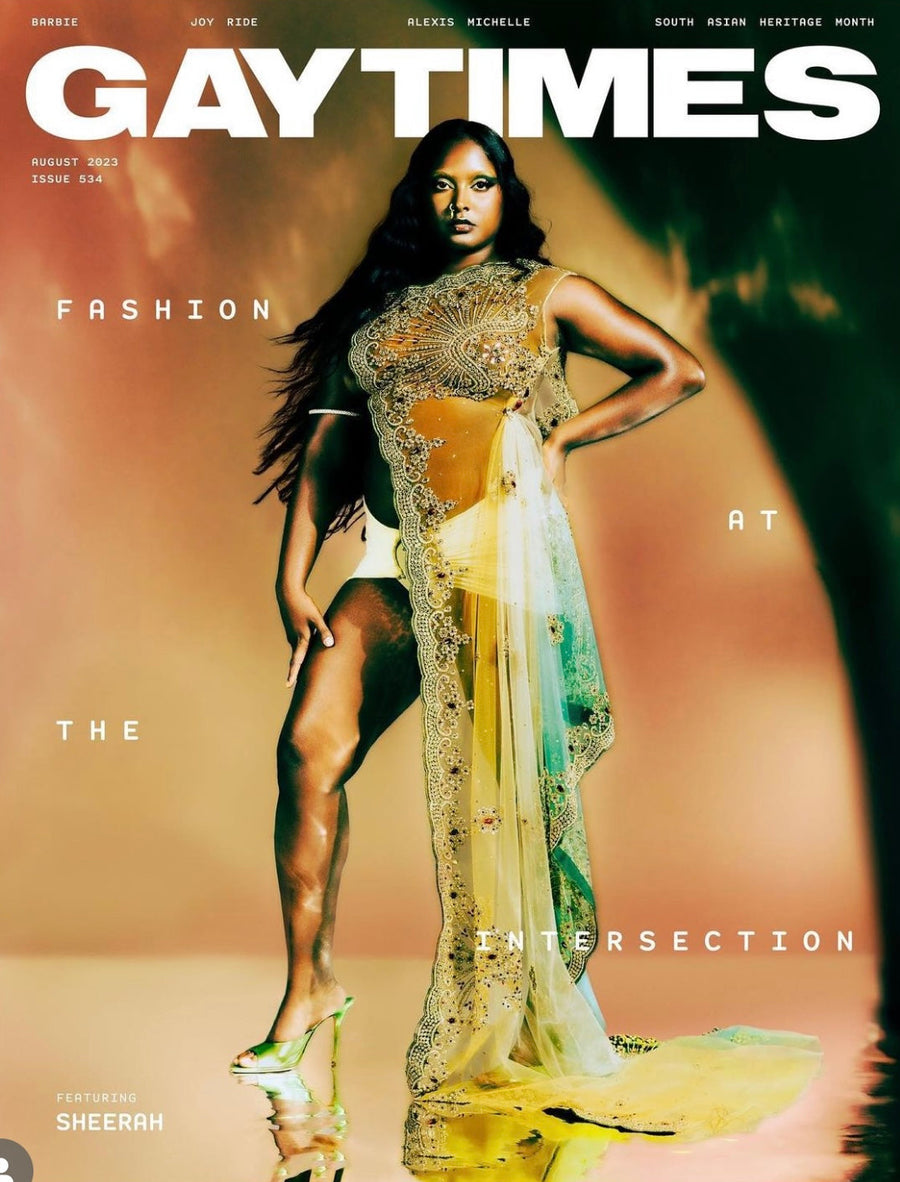 Sheerah Ravindren on the cover of Gay Times wearing Rohmane couture
