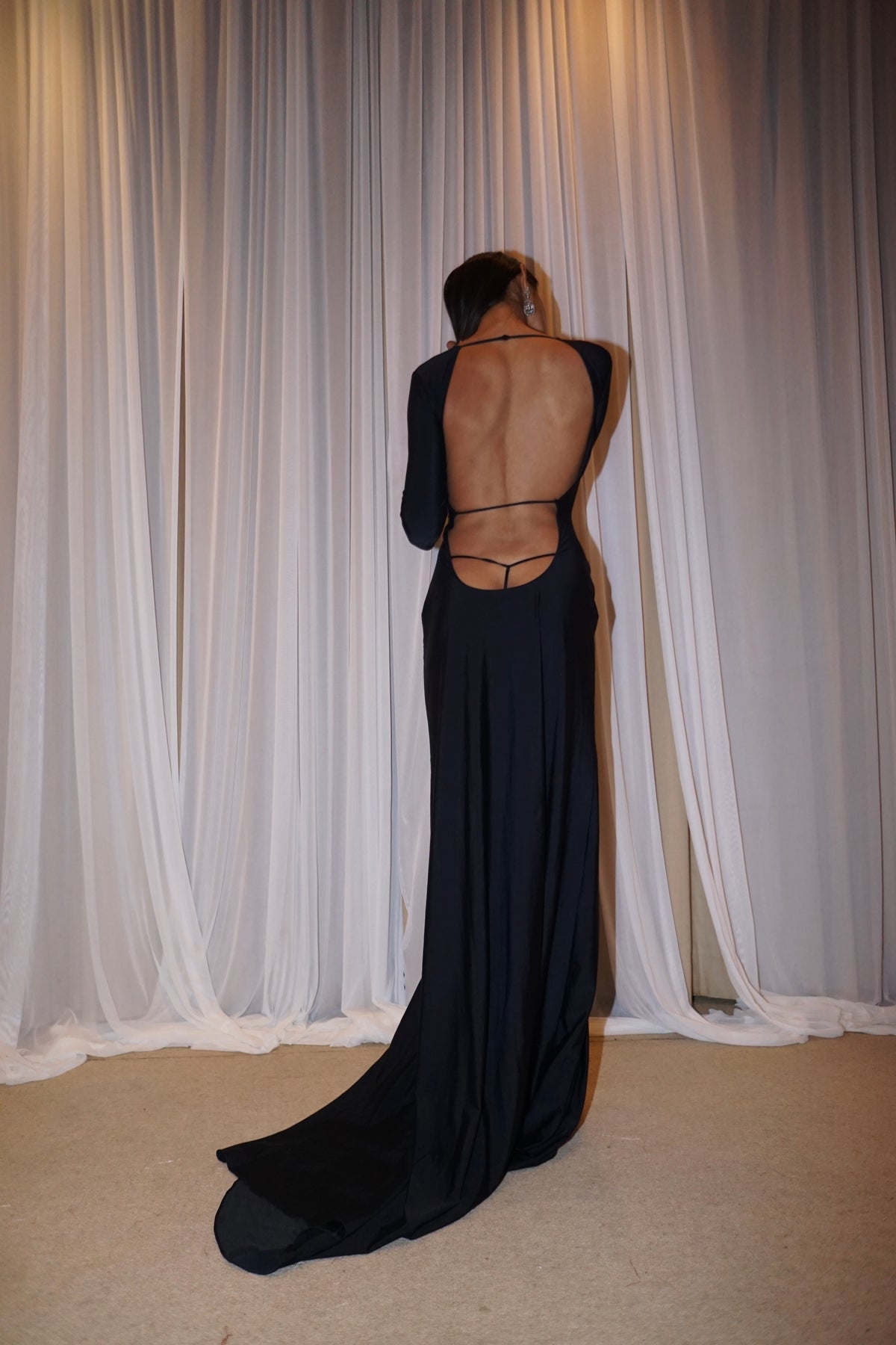 ROHMANE Zari Draped Backless Gown in Black, view 5 of 8