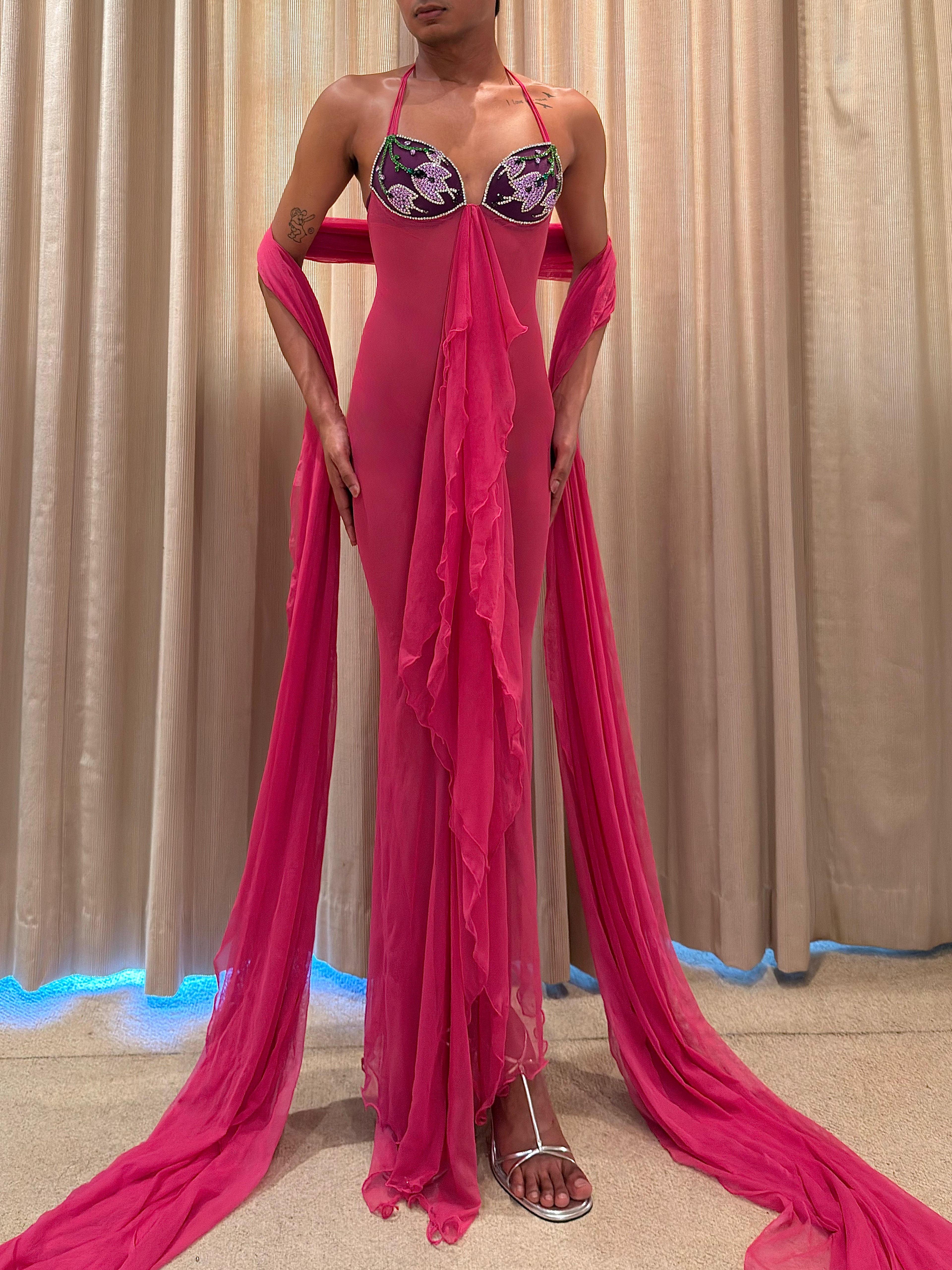 ROHMANE Crystal Bloom Gown with Dupatta in pink, view 3 of 6