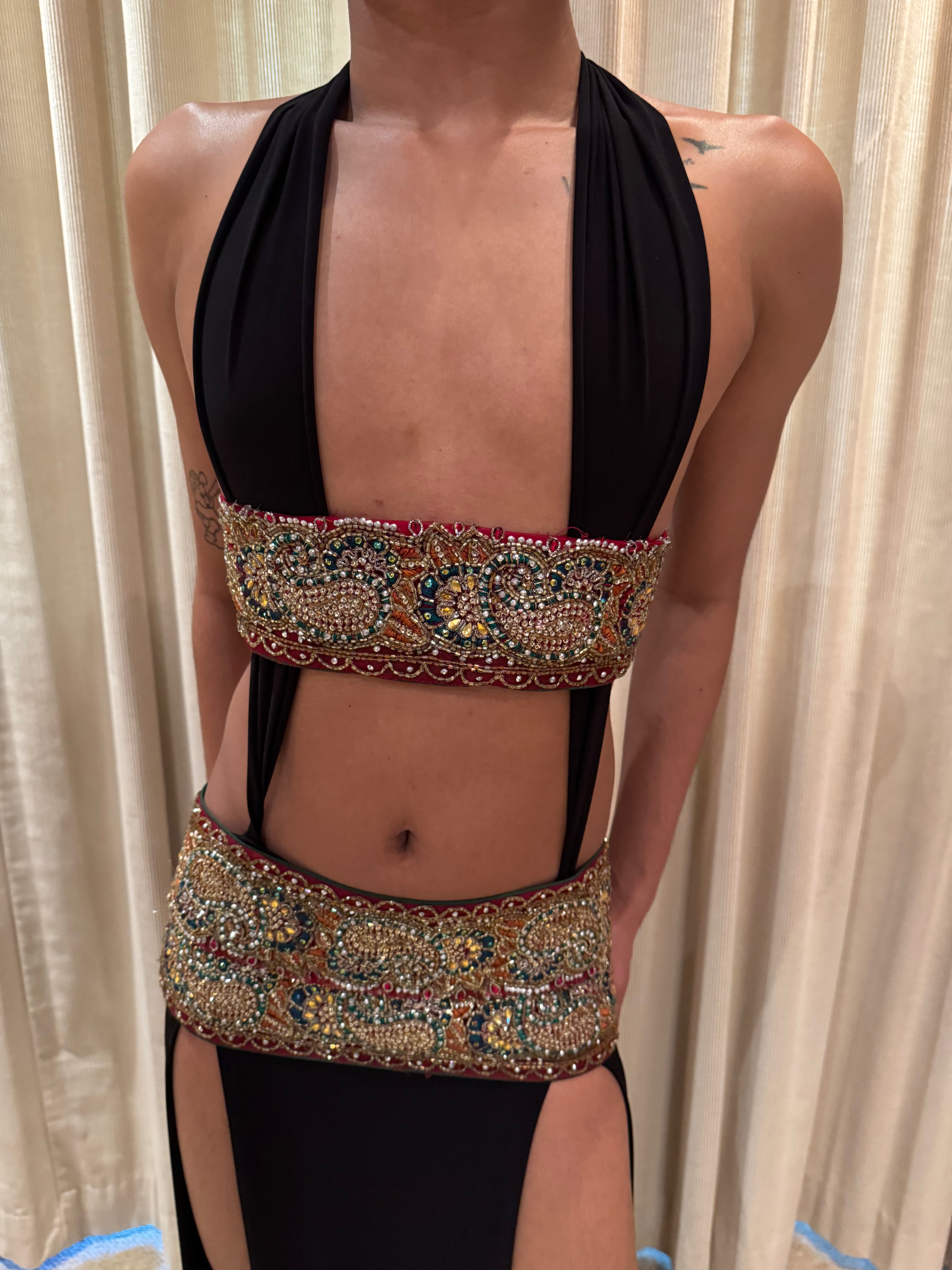 ROHMANE Vintage Zardozi Double-Slit Gown in black, view 4 of 4