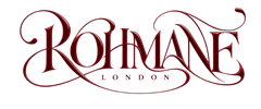 Rohmane London logo in dark burgundy script centered on a plain white background.