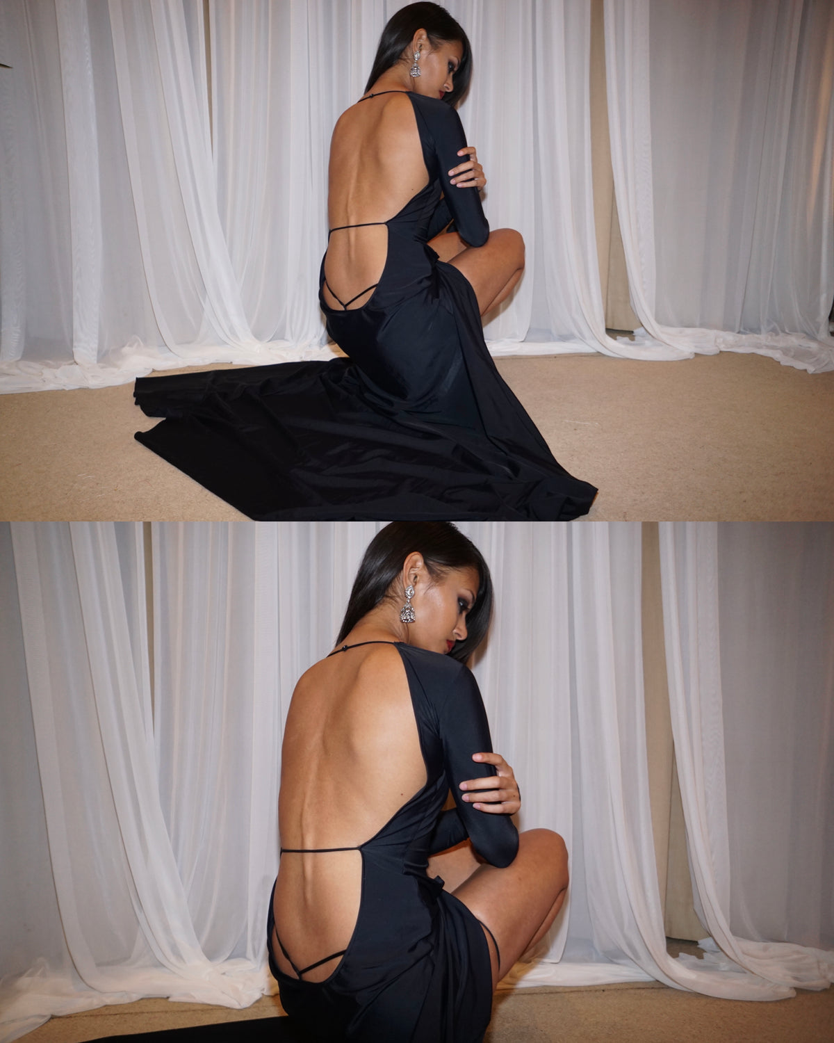 ROHMANE Zari Draped Backless Gown in Black, view 6 of 8