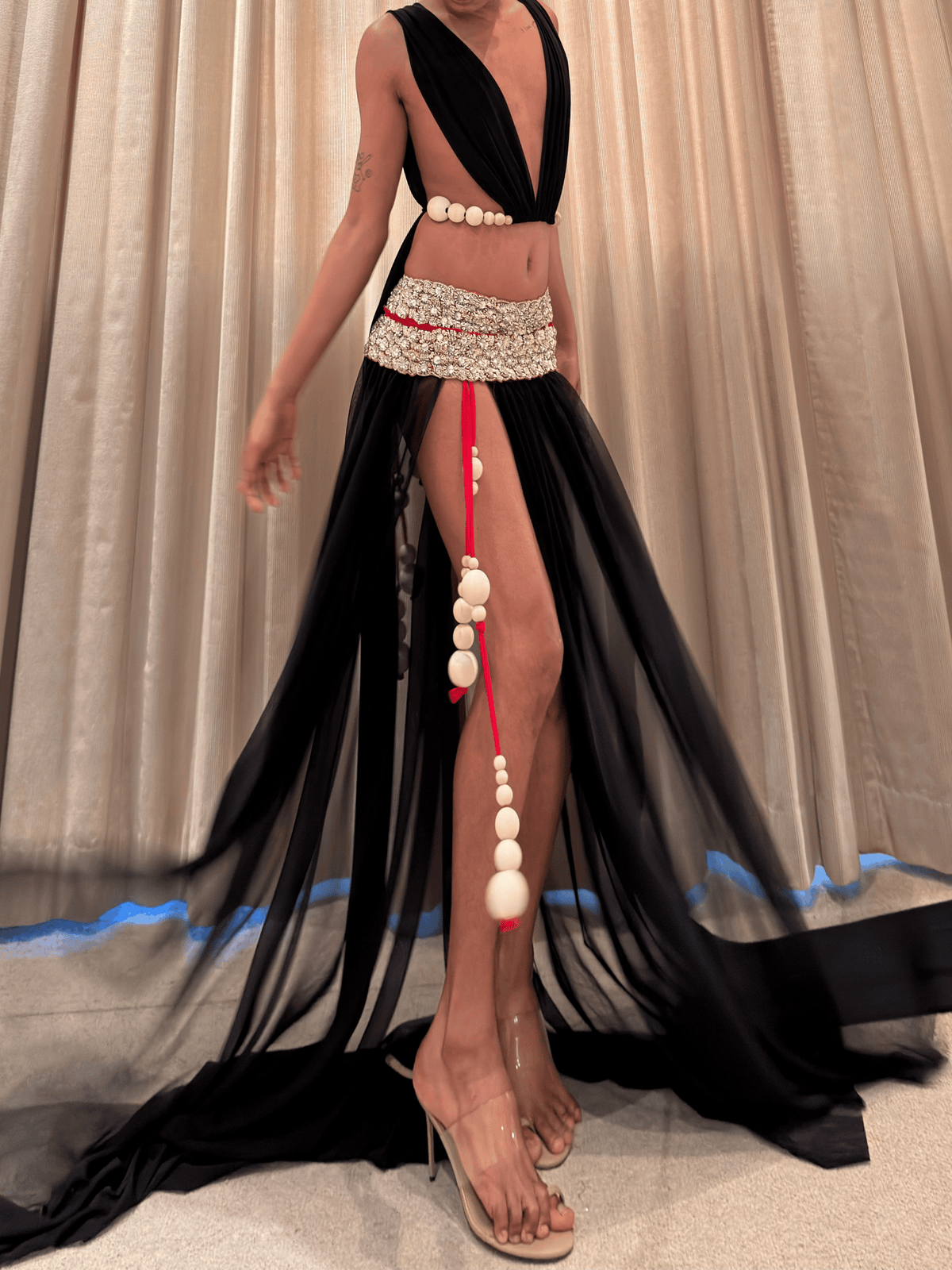 ROHMANE Vintage Beaded Slit Skirt & Plunge Top Set in black, view 2 of 6
