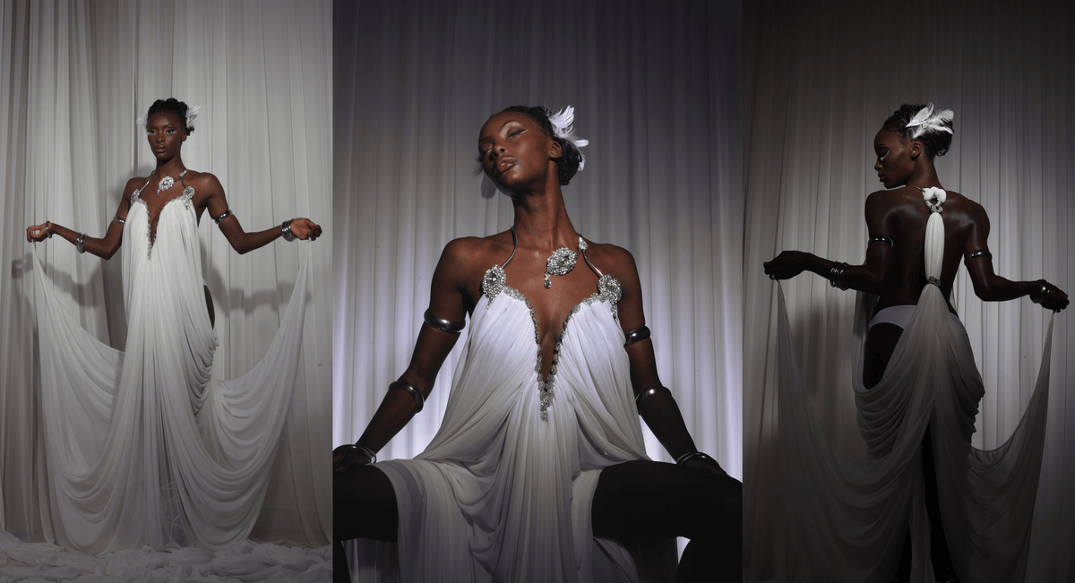 Rohmane Couture lookbook – white draped gown with crystal neckline