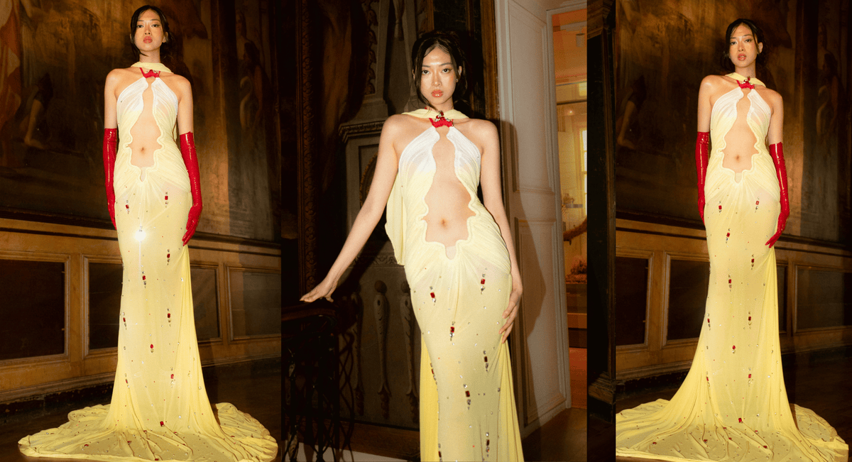Rohmane Couture lookbook – pale yellow cutout gown with crystal details