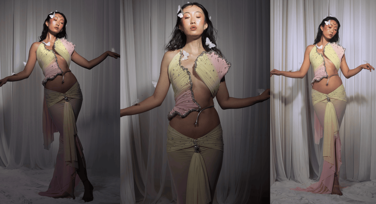 Rohmane Couture lookbook – sheer sage and blush draped gown