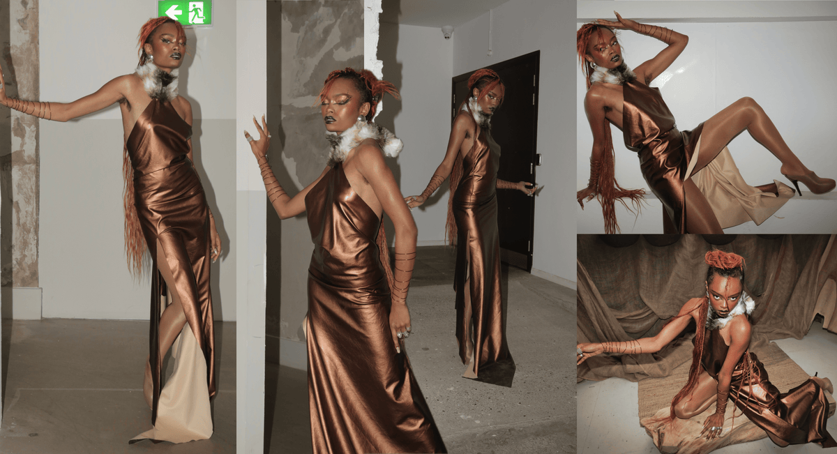 Rohmane Couture lookbook – bronze satin draped gown