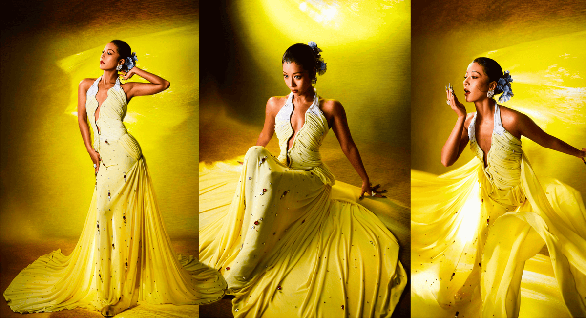 Rohmane Couture lookbook – yellow draped gown with crystal details