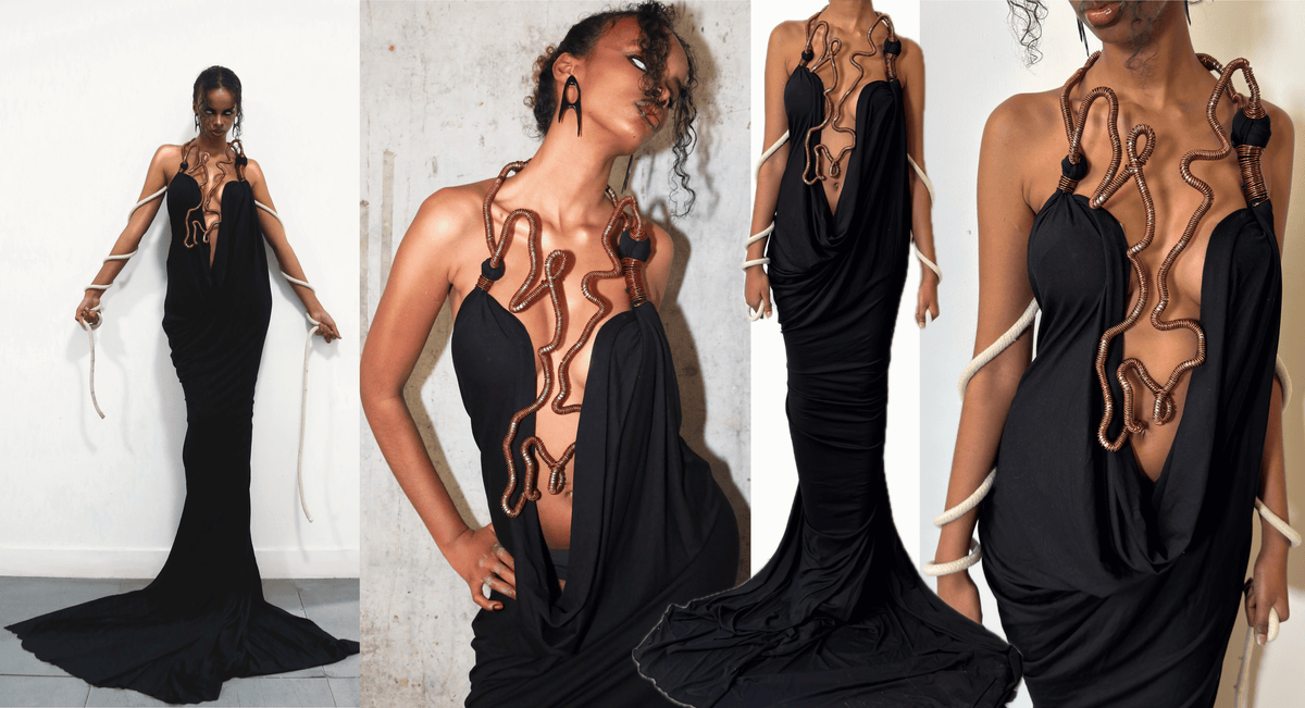 Rohmane Couture lookbook – black plunge gown with sculptural neckline