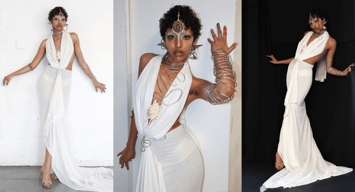 Rohmane Couture lookbook – white draped plunge gown