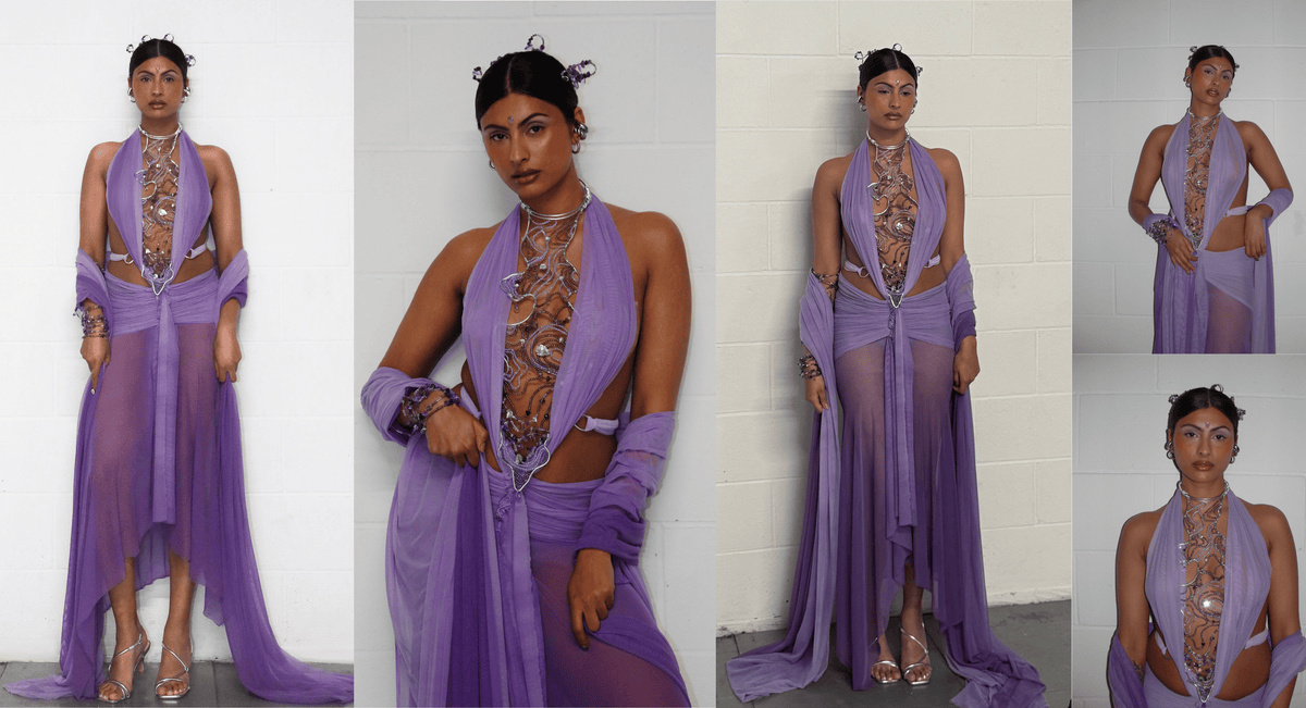 Rohmane Couture lookbook – lilac draped gown with crystal embellishment