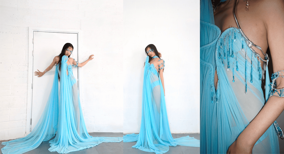 Rohmane Couture lookbook – sky blue fringed gown