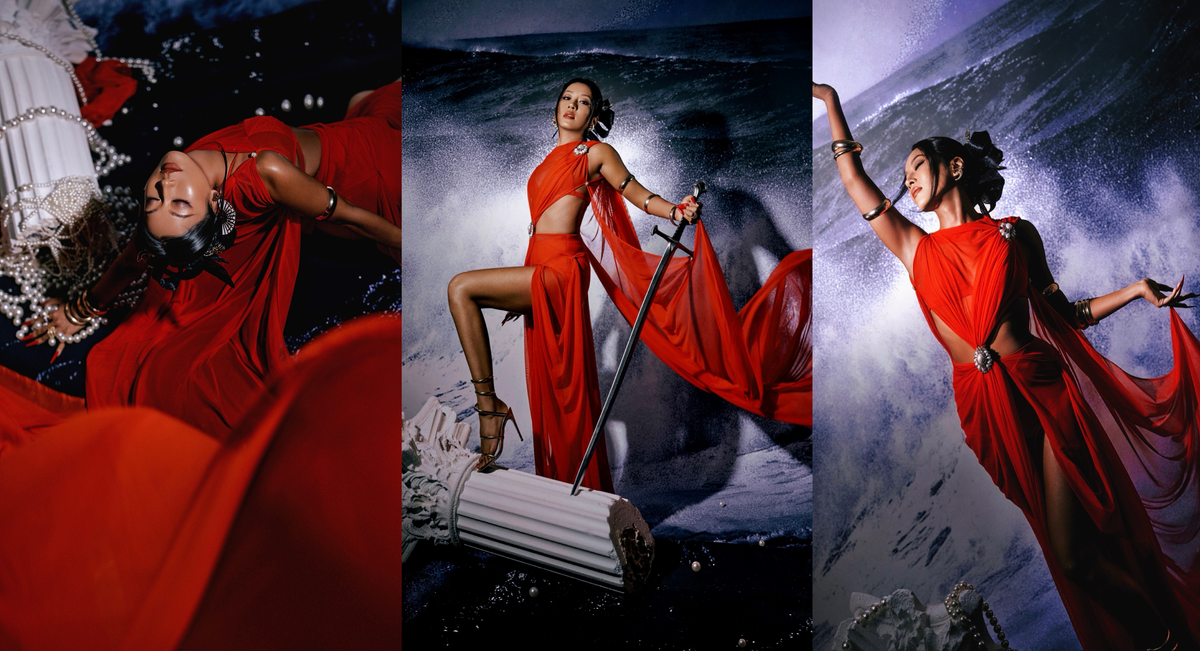 Rohmane Couture lookbook – red draped gown