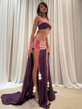 ROHMANE Embroidered Bandeau & Maxi Skirt Set in Plum, view 1 of 10