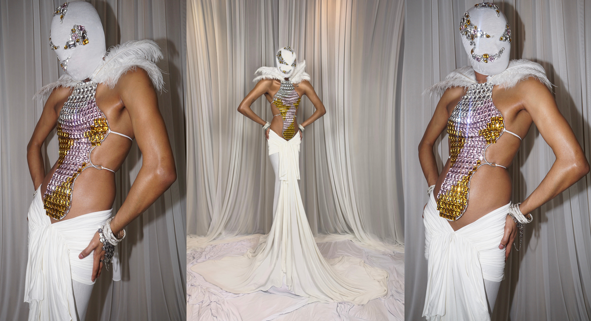 Rohmane Couture lookbook – crystal-embellished bodysuit with white draped skirt