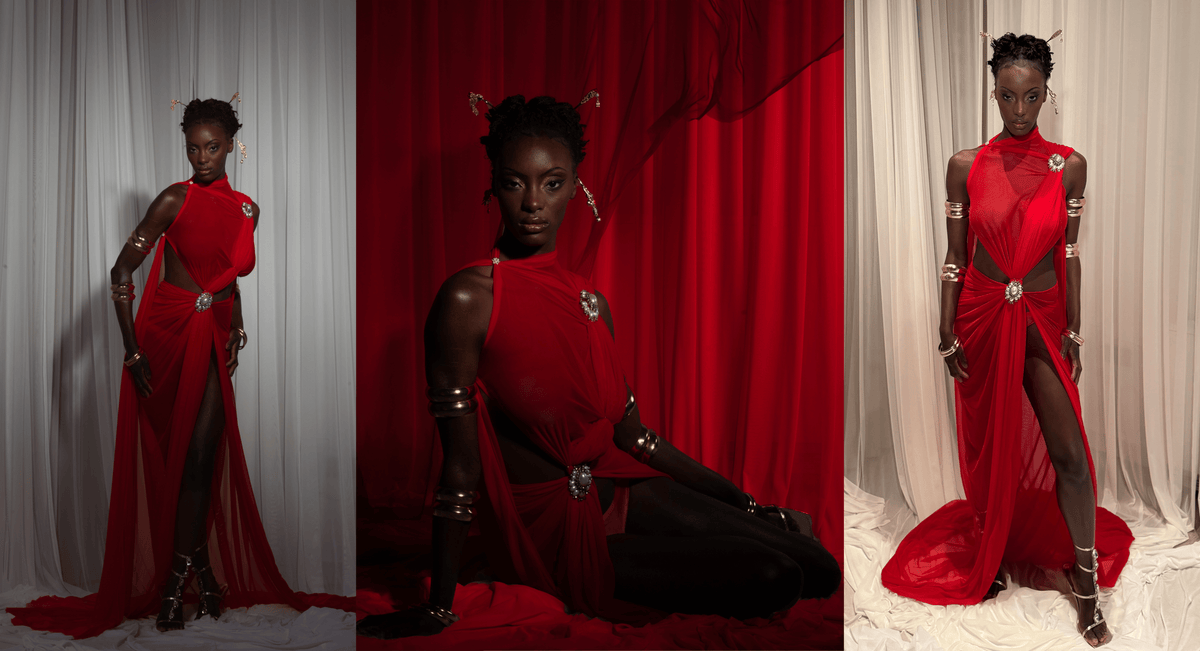 Rohmane Couture lookbook – red draped slit gown