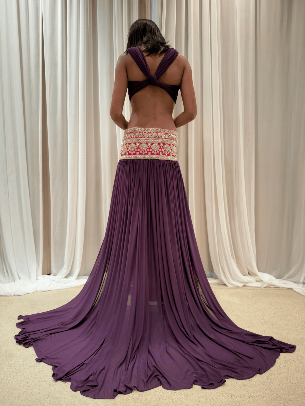 ROHMANE Embroidered Bandeau & Maxi Skirt Set in Plum, view 8 of 10