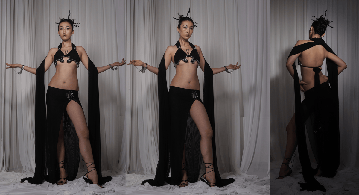 Rohmane Couture lookbook – black crystal bra and sheer draped skirt