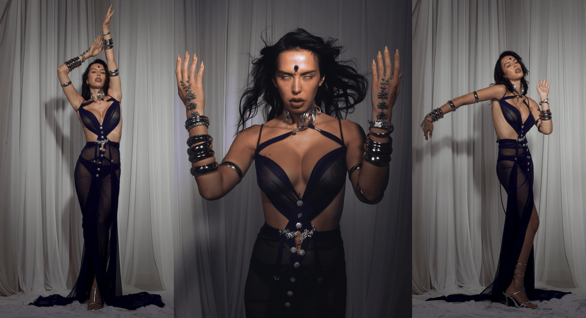 Rohmane Couture lookbook – navy crystal-embellished sheer gown