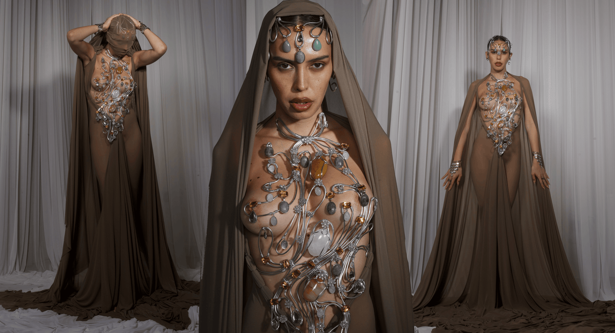 Rohmane Couture lookbook – olive hooded gown with embellished bodice