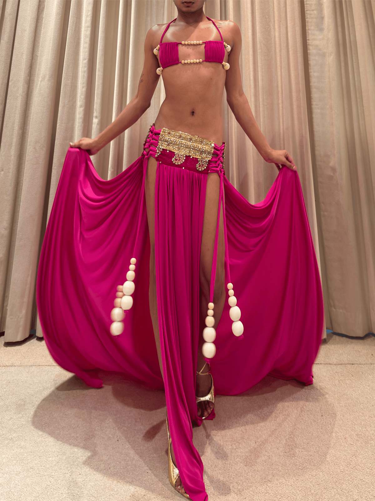 ROHMANE Dori Top & Sari Panel Skirt in Rani Pink, view 2 of 8