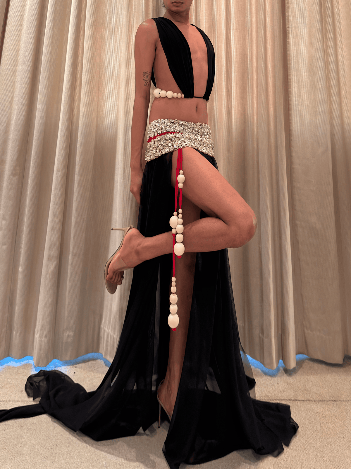 ROHMANE Vintage Beaded Slit Skirt & Plunge Top Set in black, view 5 of 6