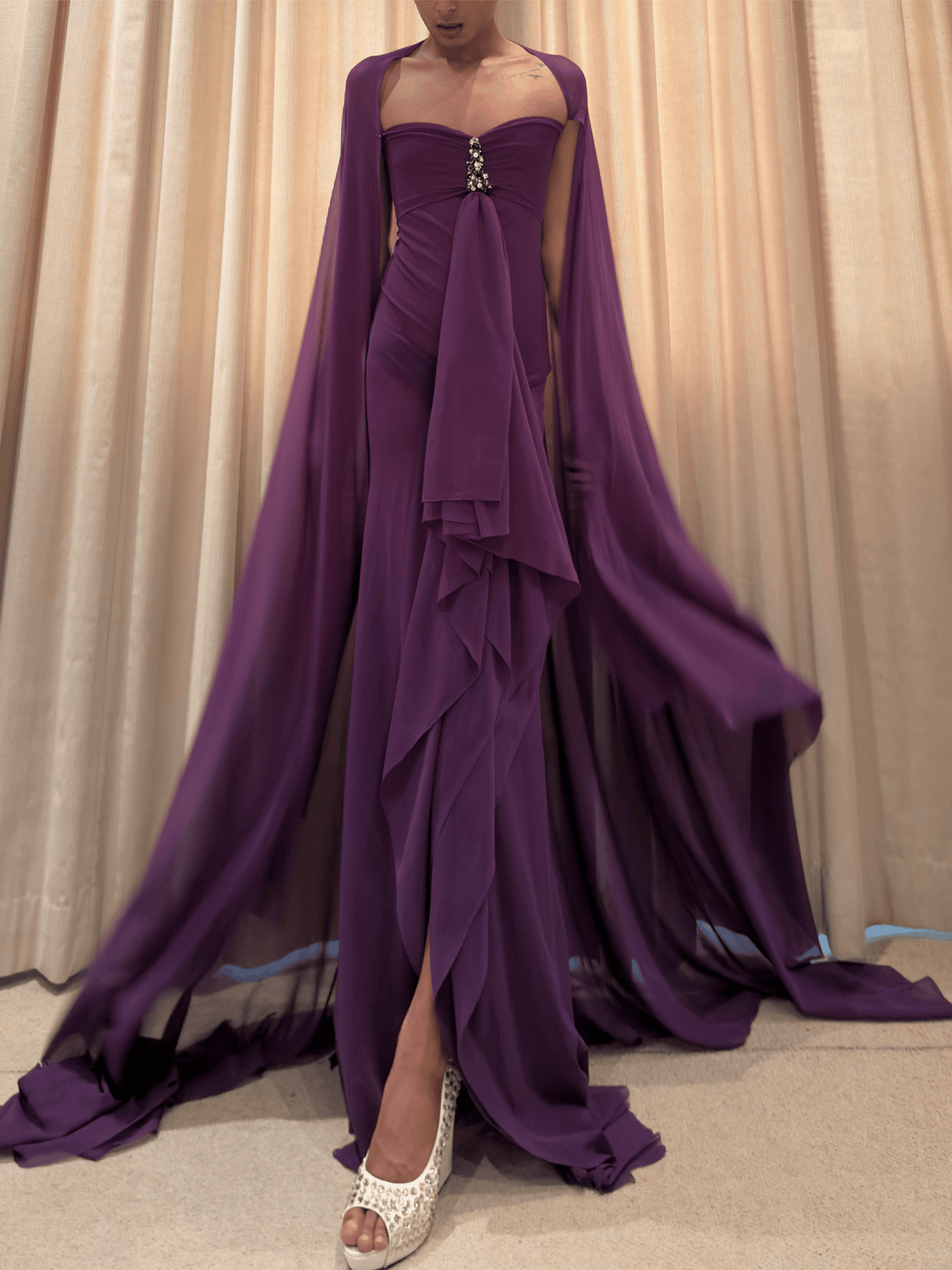 ROHMANE Amethyst Crystal Drape Gown in Deep Purple, view 2 of 7