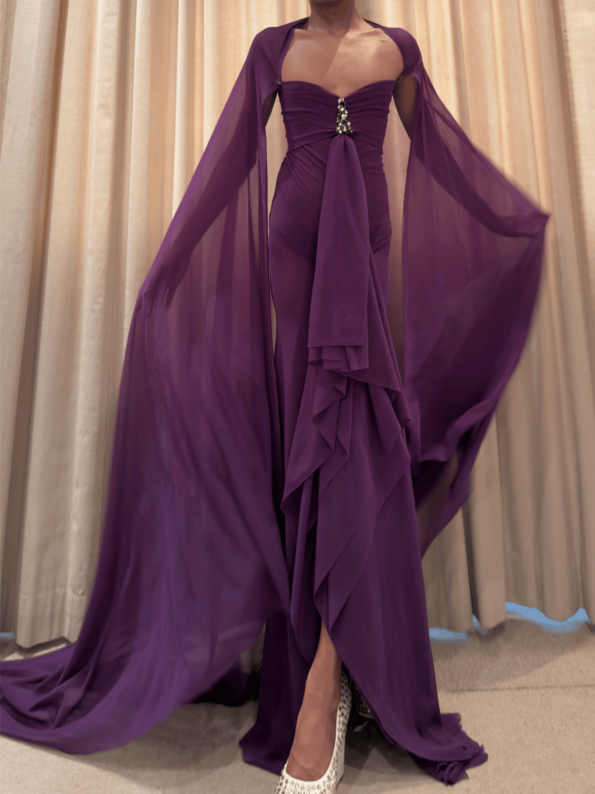 ROHMANE Amethyst Crystal Drape Gown in Deep Purple, view 3 of 7