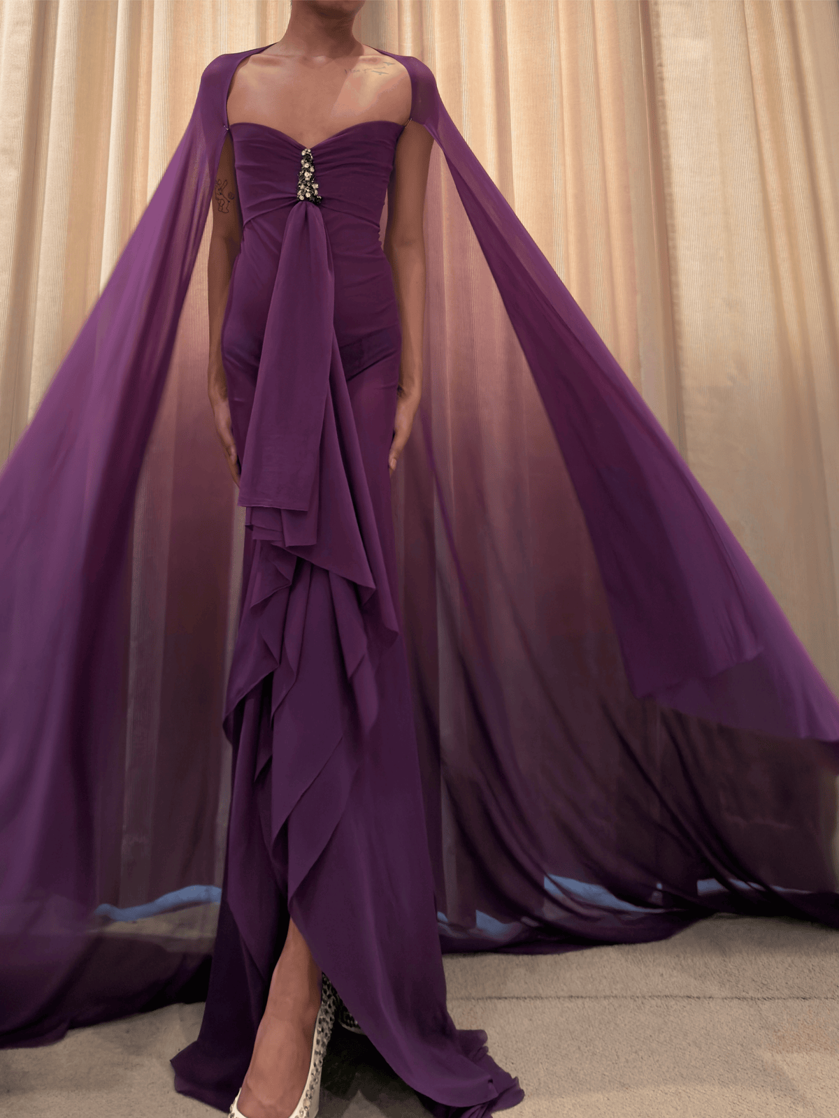 ROHMANE Amethyst Crystal Drape Gown in Deep Purple, view 5 of 7
