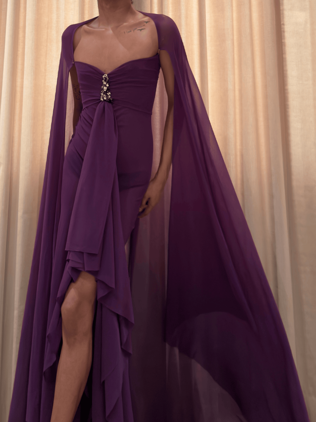 ROHMANE Amethyst Crystal Drape Gown in Deep Purple, view 6 of 7