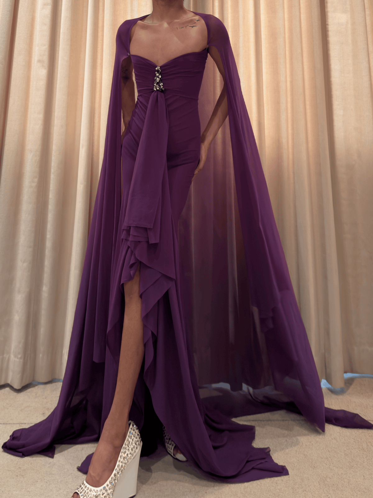 ROHMANE Amethyst Crystal Drape Gown in Deep Purple, view 7 of 7